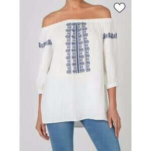 BeachLunchLounge Chambray Off Shoulder Embroidered White Top Large